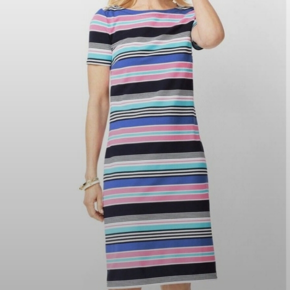 Talbots Multicolor Stripe Jersey Bodycon Dress Gold Button - Picture 2 of 7